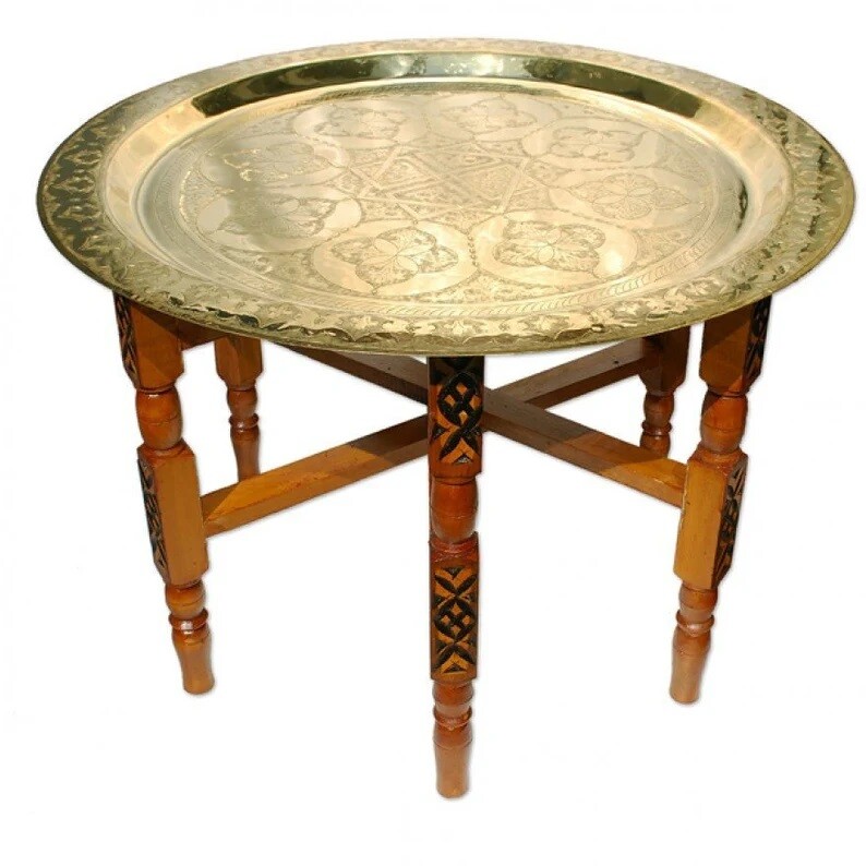 Handmade Moroccan 16″ Round Brass Tray Tea Table with folding Wood Stand