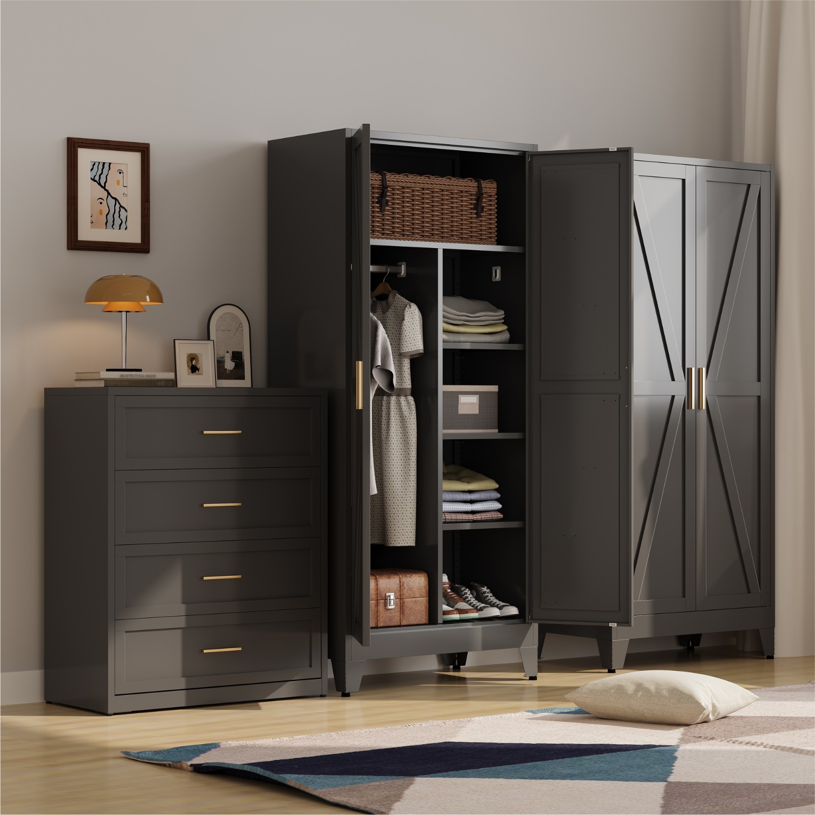 Metal armoire Wardrobe Closet with Hanging Rod,71” Metal Wardrobe Cabinet