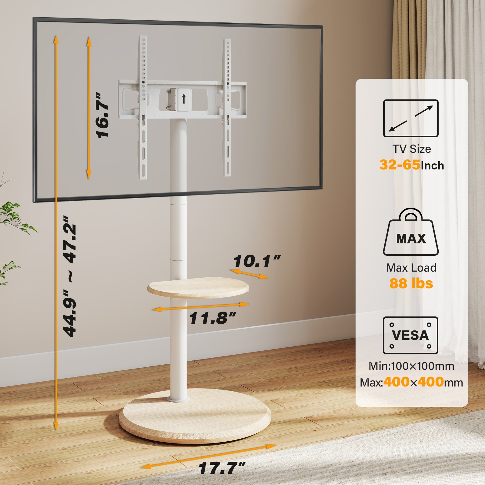 Mobile Floor TV Stand with Round Wooden Base for 32-65 inch TVs, Adjustable Tilt