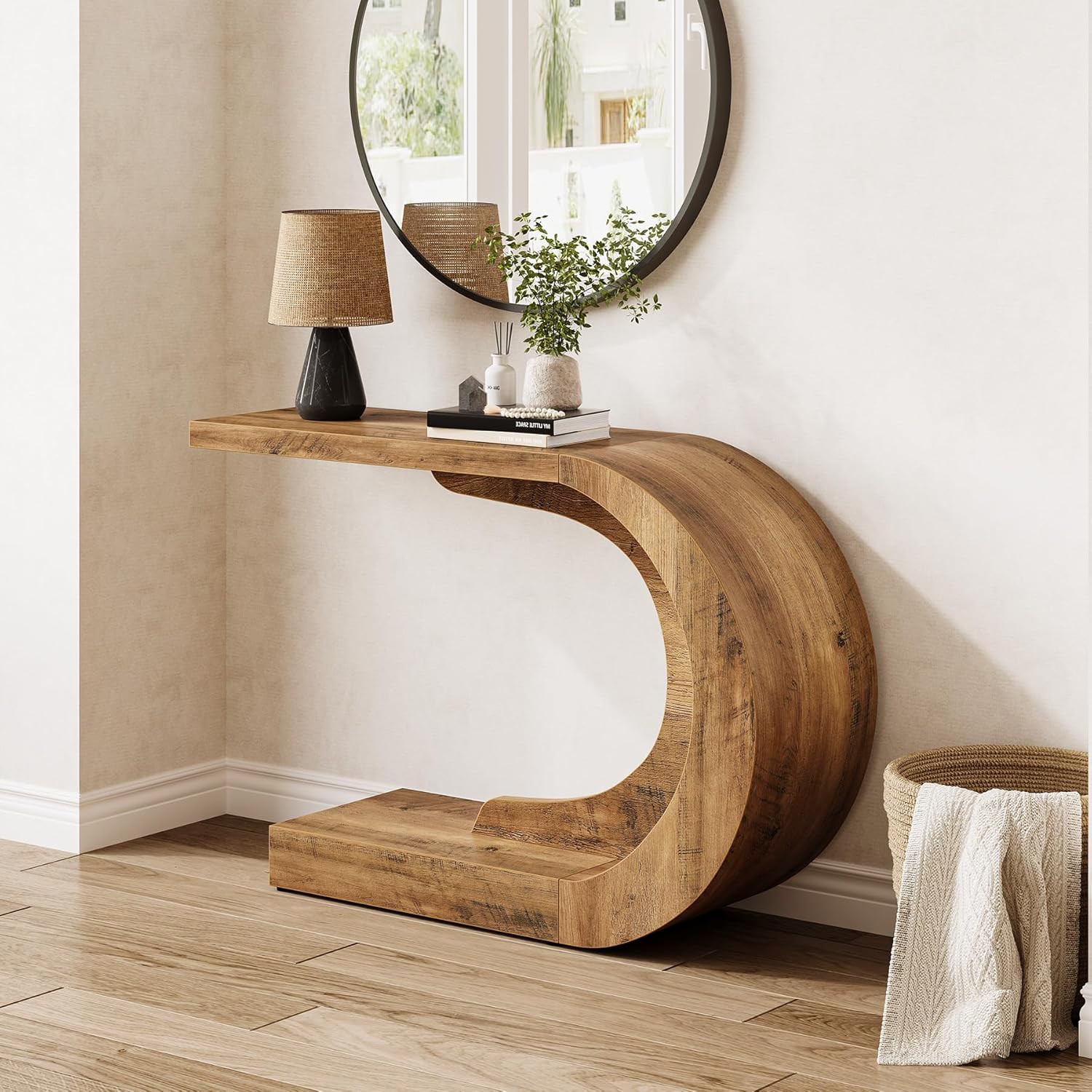 Rustic 43.3-Inch Farmhouse Console Table – 2-Tier C-Shaped Sofa Table