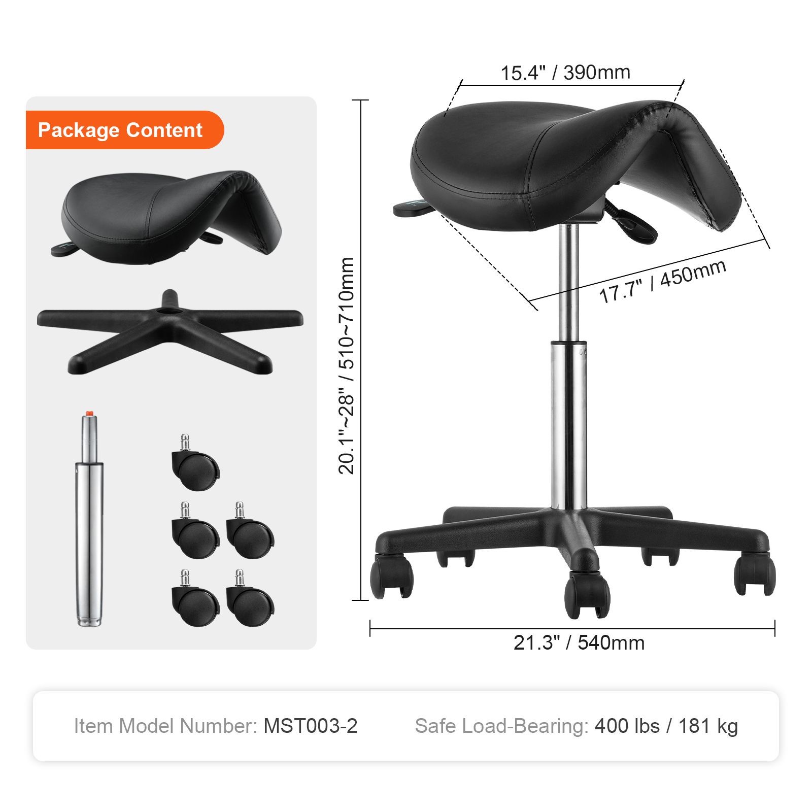 Saddle Stool 400lb Swivel Wheel Height Adjust