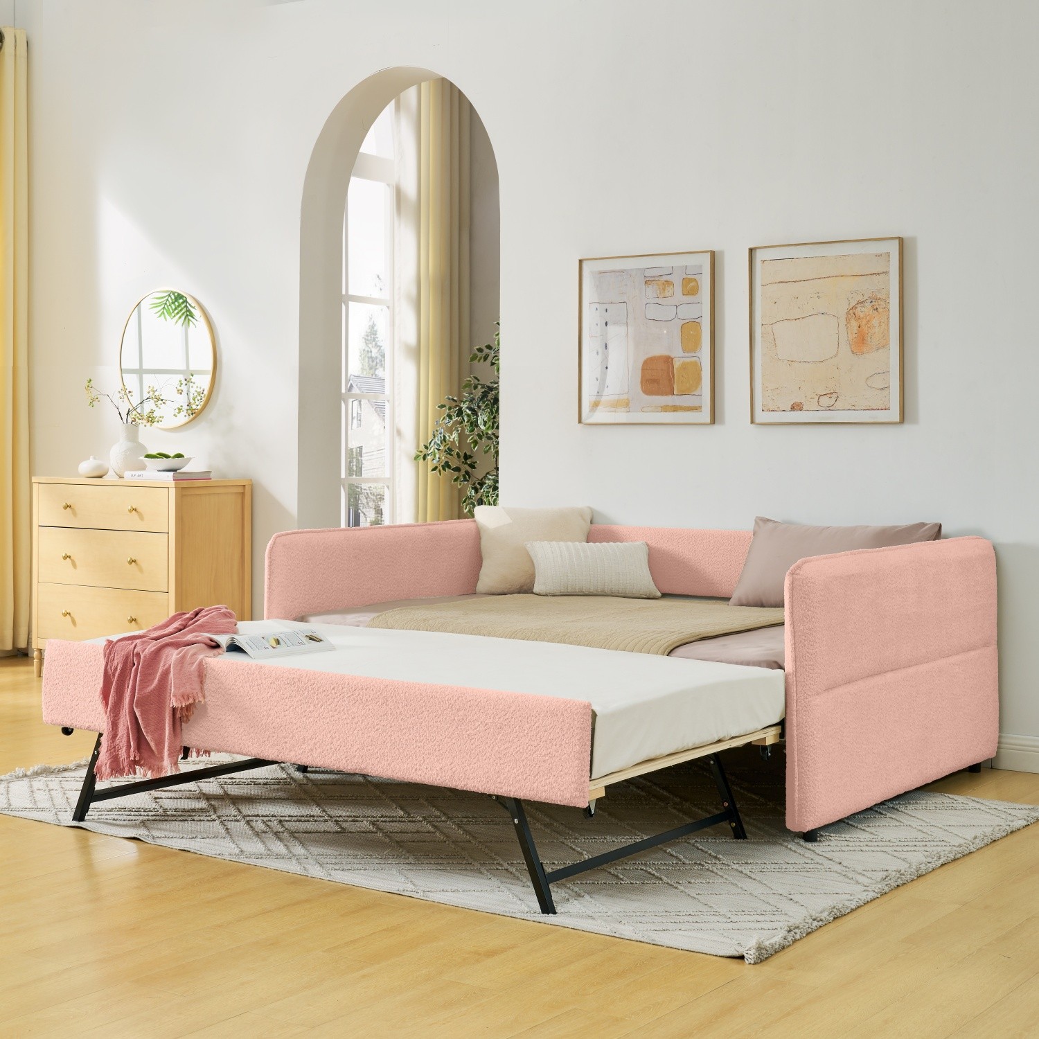 Full Daybed with Pull-Out Trundle Boucle Upholstered Sofa Bed Pink/Yellow/Blue