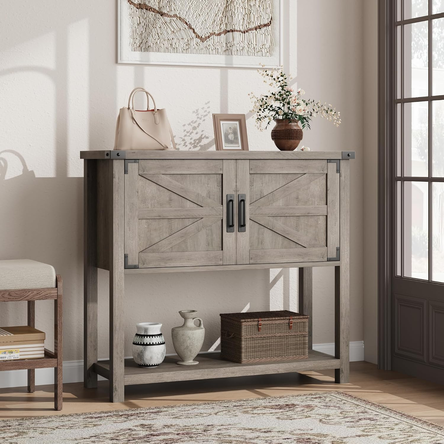 Gray Farmhouse Entryway Table with 2 Door Storage for Living Room & Kitchen