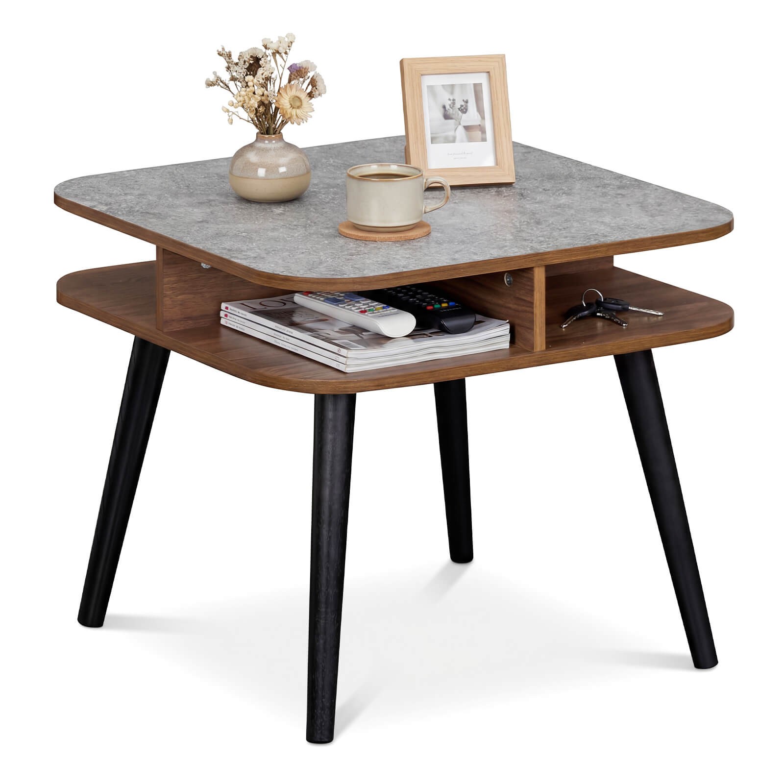 Faux Marble End Table with Storage Shelves & Rubber Wood Legs for Living Room