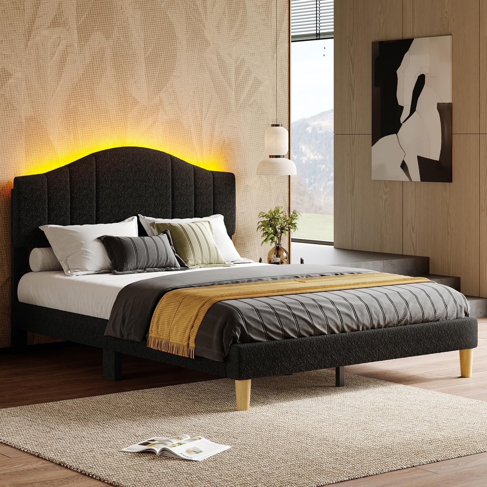 Queen Upholstered Platform Bed Adjustable Arc Headboard LED Black Teddy Velvet