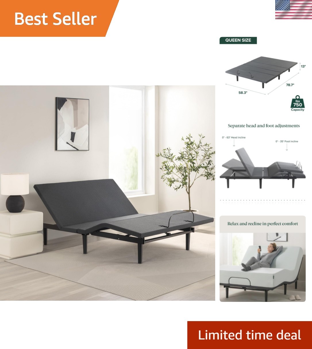 Nadia Adjustable Bed Frame, Electric Reclining Platform Bed Base, 5-Function …