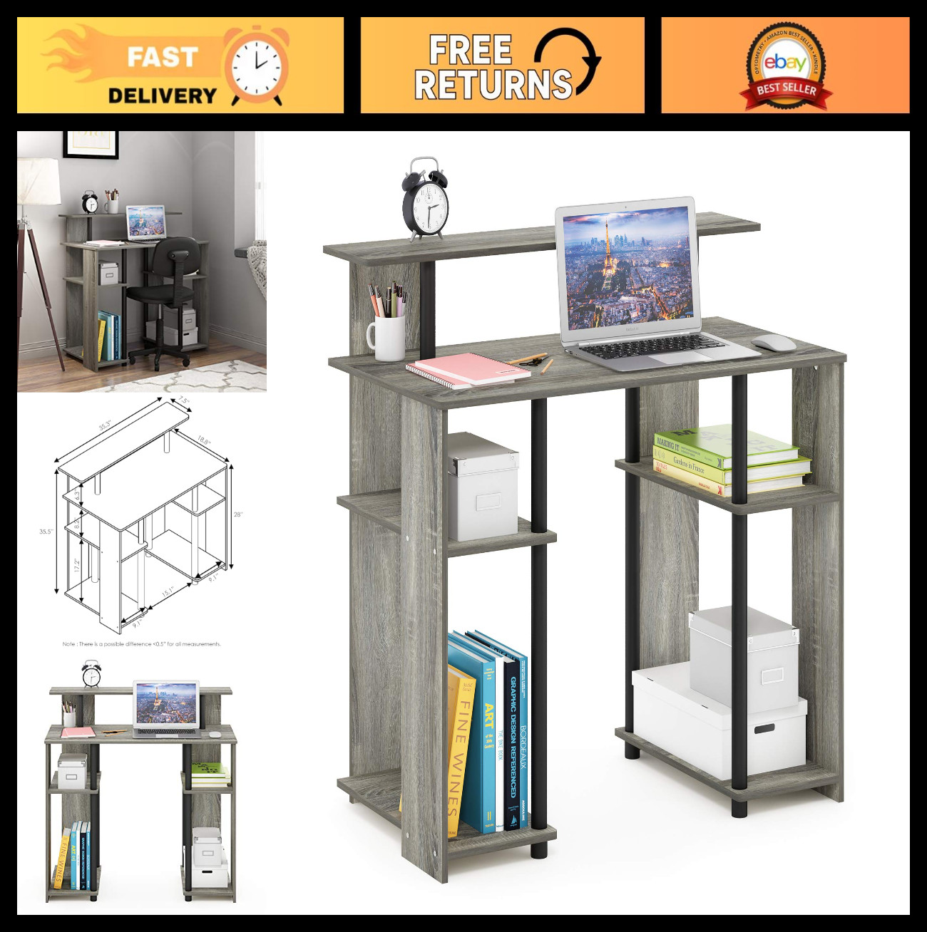 Simple Design Computer Writing Desk – French Oak Grey/Black, Home Office Furnitu