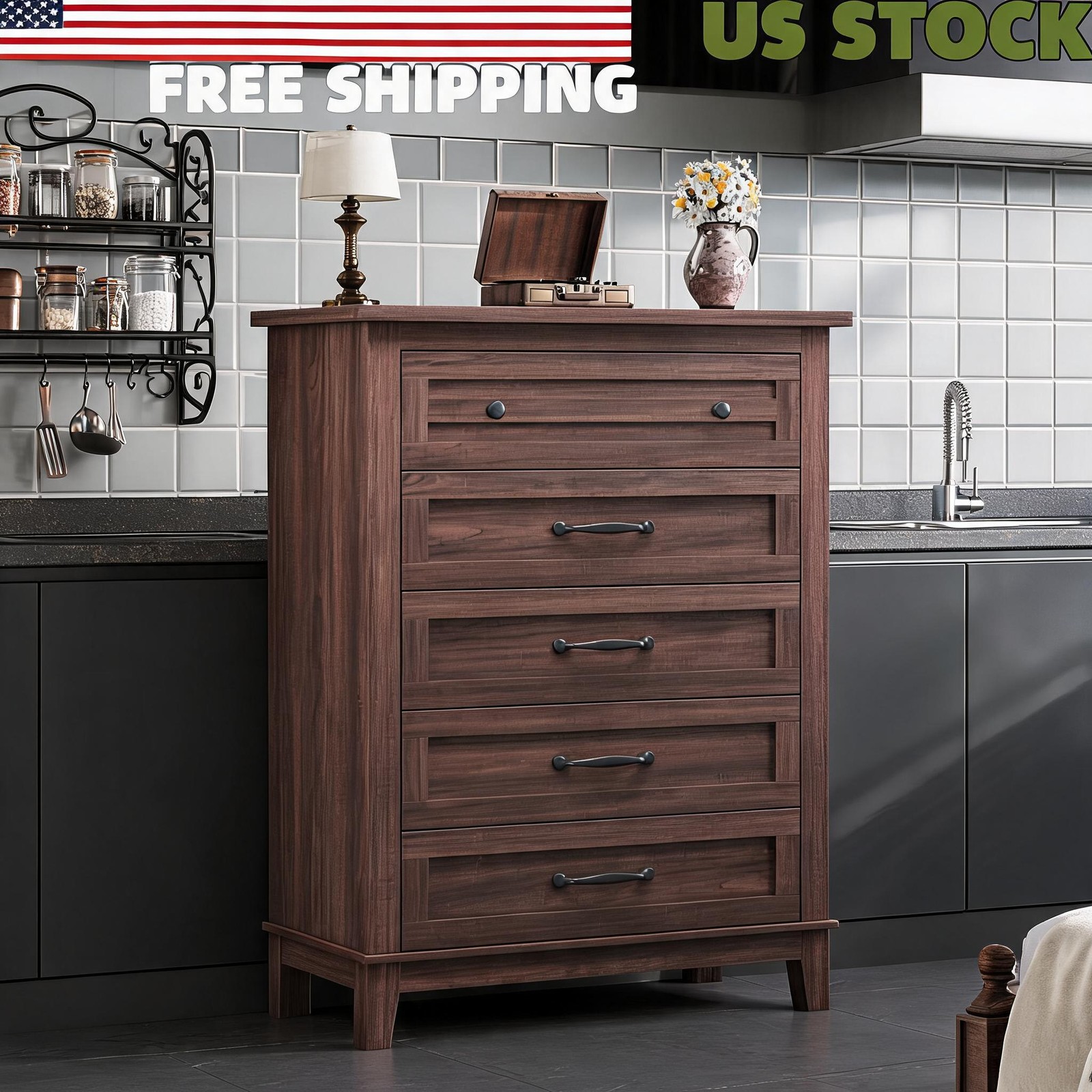 5-Drawer Vertical Dresser 41.3 in Tall Wooden Storage Chest with Freestanding