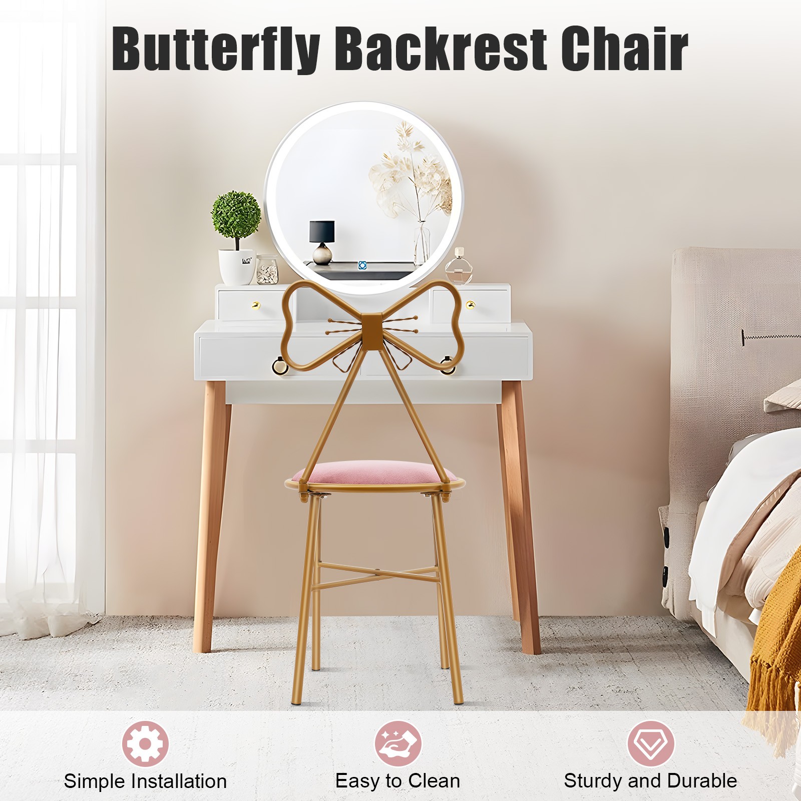 Dark Pink Velvet Butterfly Chair 32.28in Vanity Stool Pink Velvet Stool Chair US