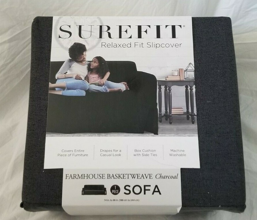 SureFit Farmhouse Basketweave Charcoal Relaxed Fit One piece Sofa Slipcover NIP