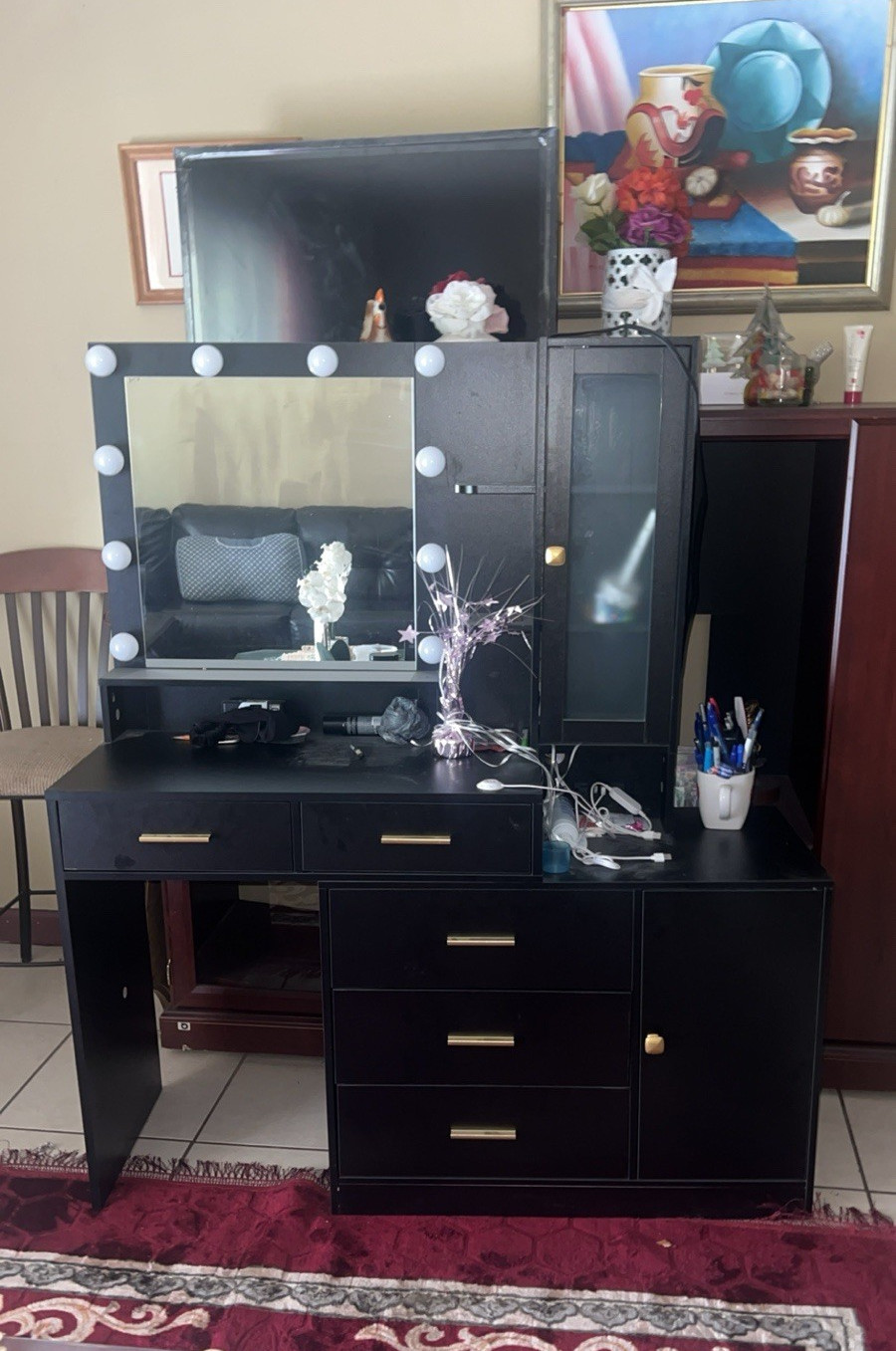 Black Freestanding Vanity Table with Rectangular Mirror, 4 Drawers