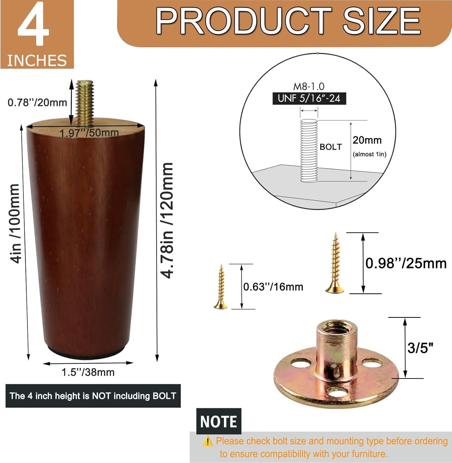 6 Inches round Solid Wood Furniture Legs Set of 4 Brown Wooden Replacement Feet