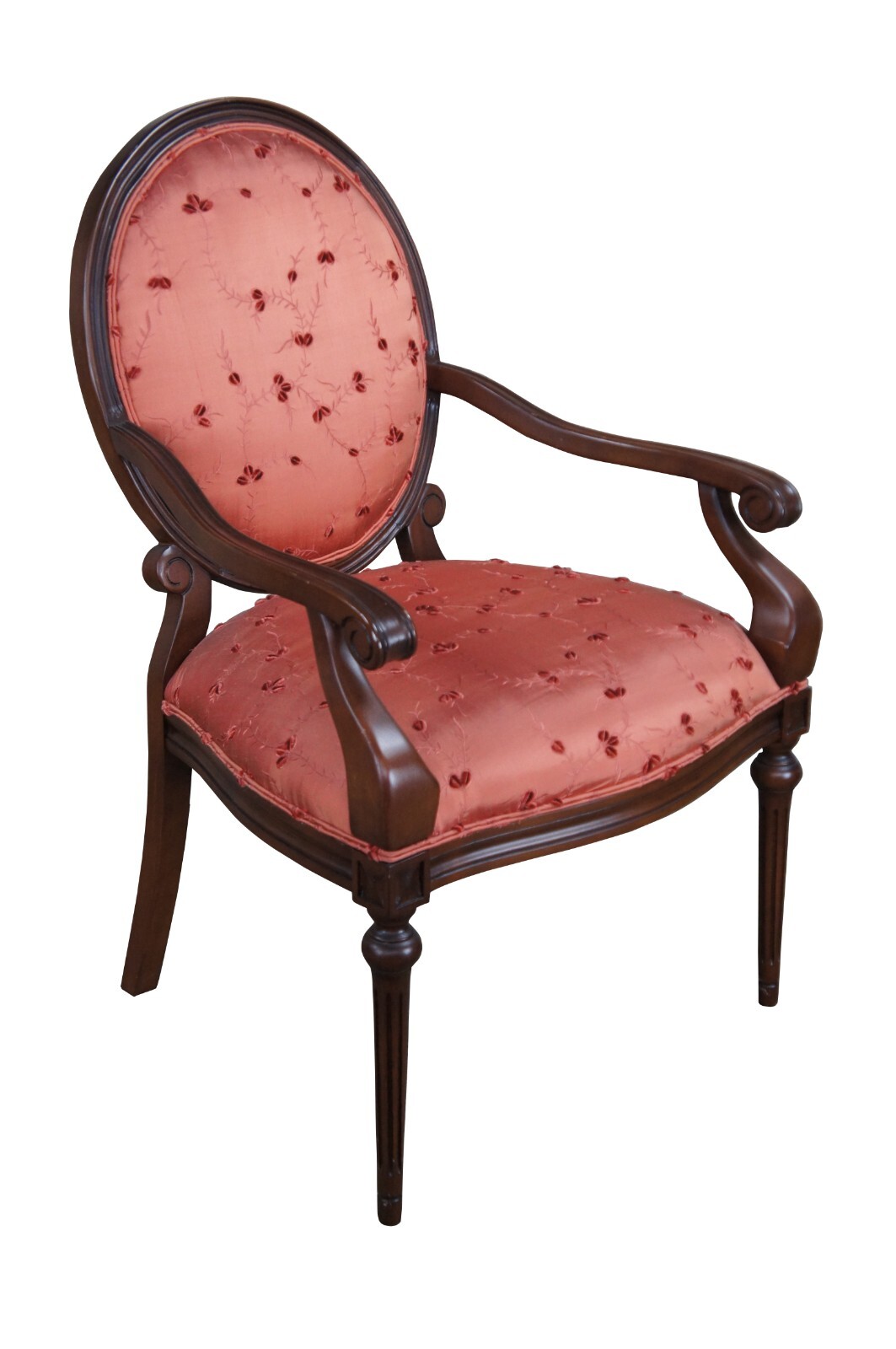 2 Vintage Henredon French Louis XVI Style Mahogany Silk Crewel Armchairs Pair