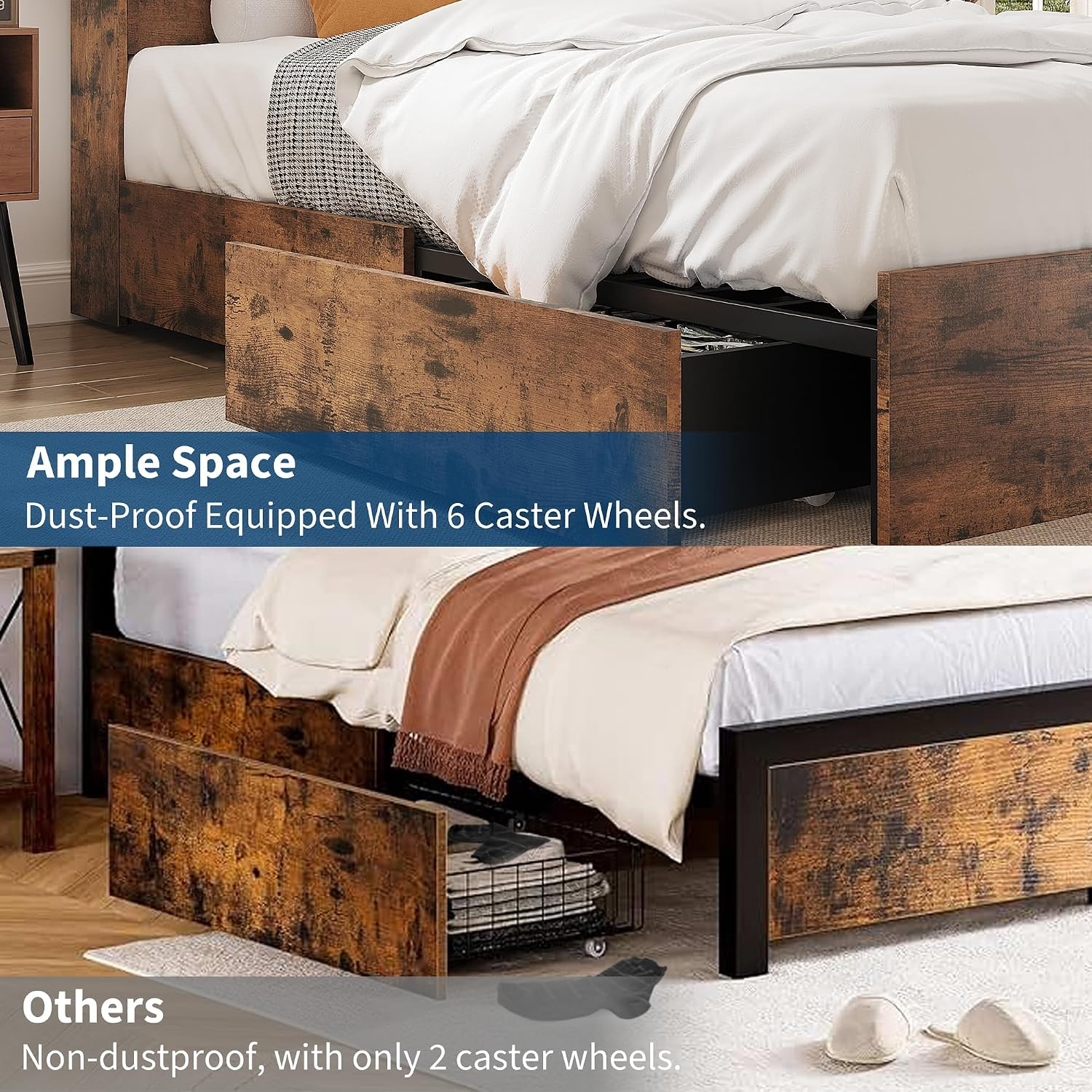 Queen Size Bed Frame with High Storage Bookcase Headboard,Brown | Wood Bed Frame