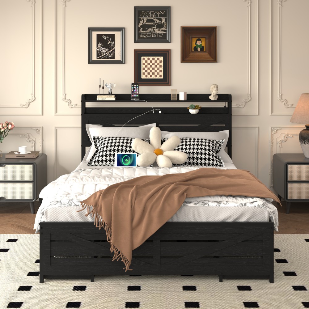 Queen-size bed frame with storage headboard and 12 drawers with LED lights