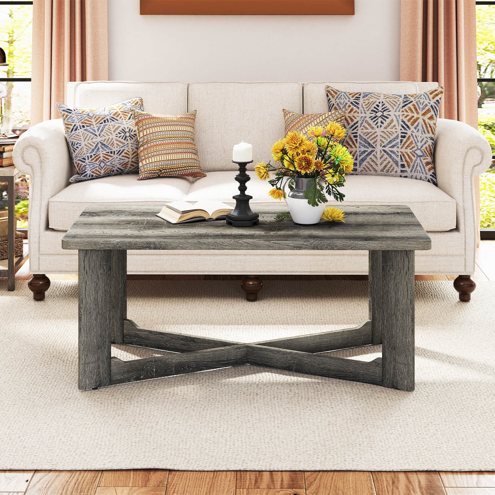 Rectangle Center Table with X-Shaped Base Farmhouse Rustic Living Room Table