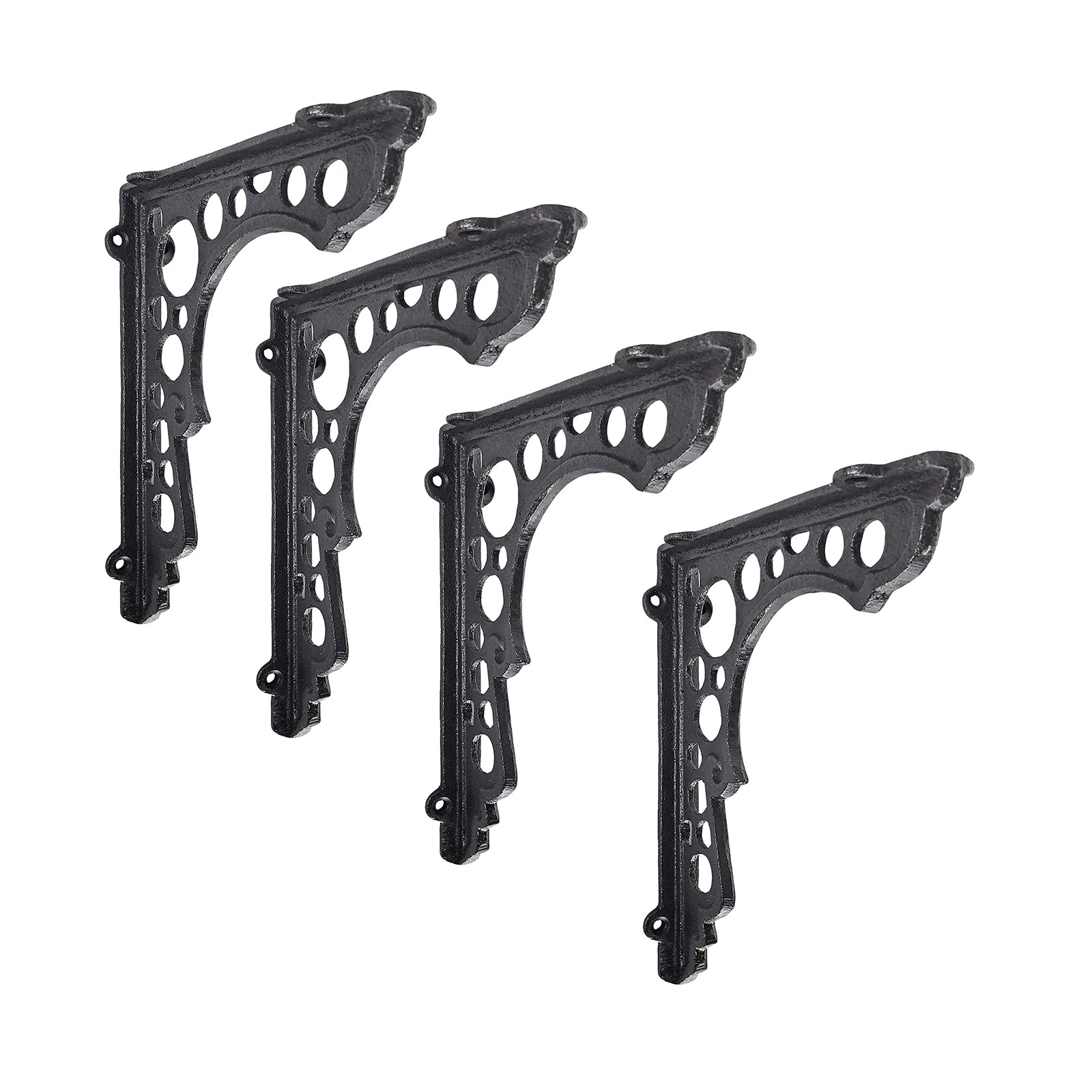 Decorative Shelf Brackets, 4 Pack of 7.5 x 1 x 6.2 inch, Black Cast Iron Rust.