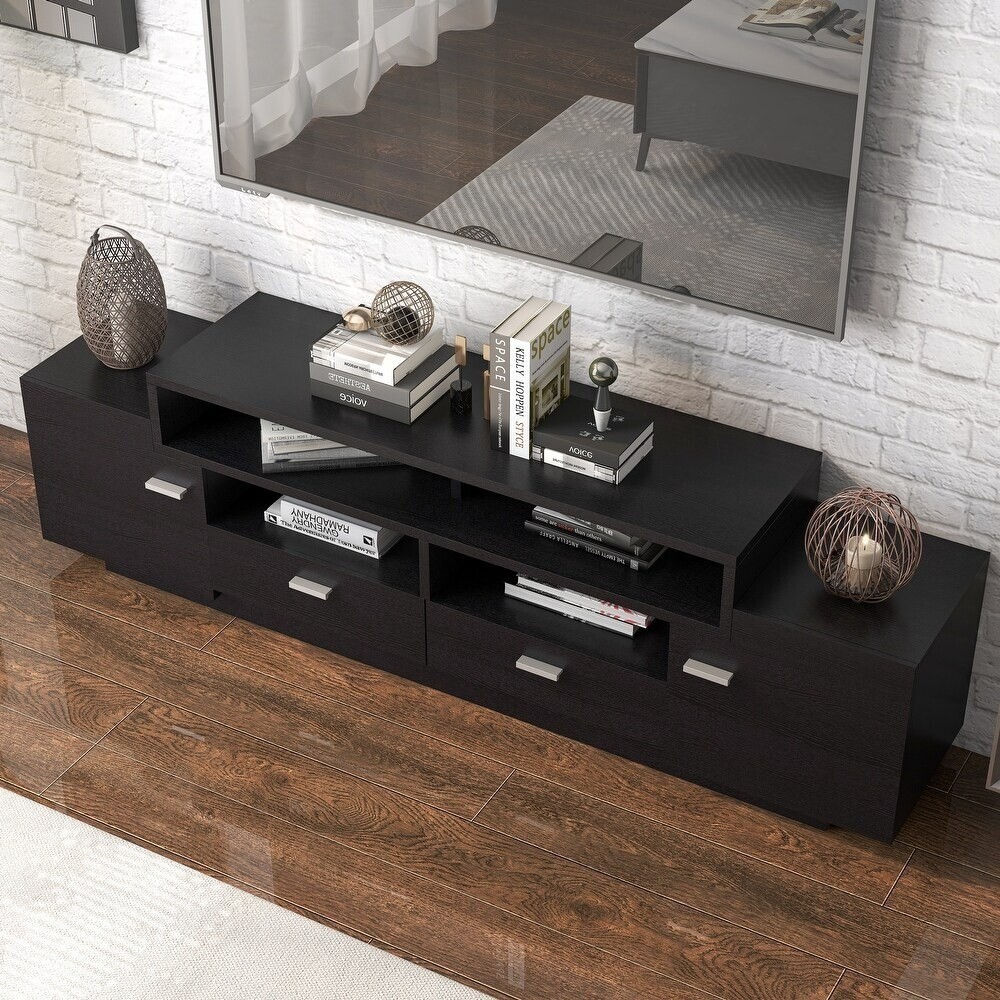 Modern 72in TV Media Entertainment Center Tiered Storage in Black Finish