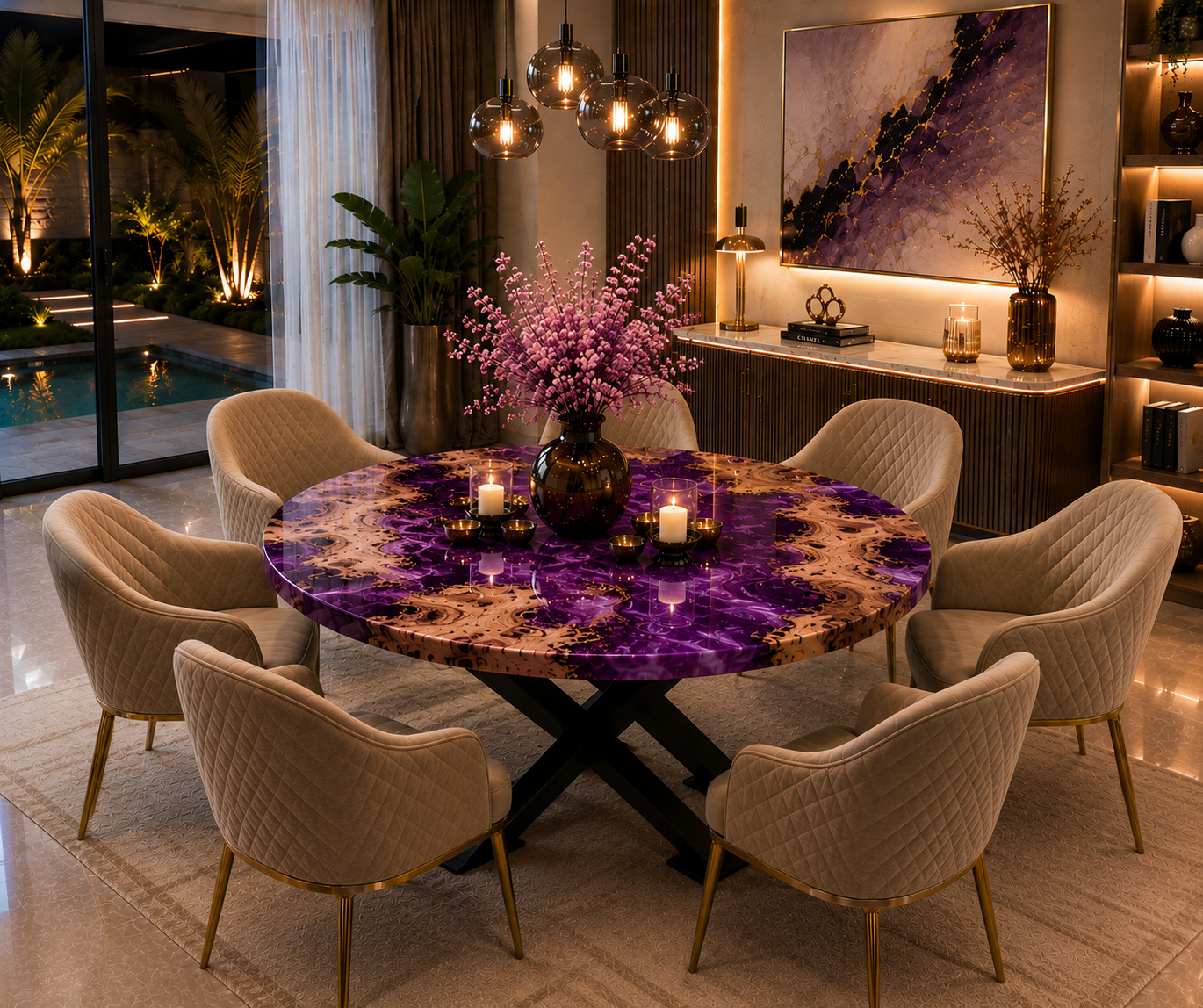 Handmade Round Burl Wood Amethyst Purple Epoxy River Dining Table Top18X18