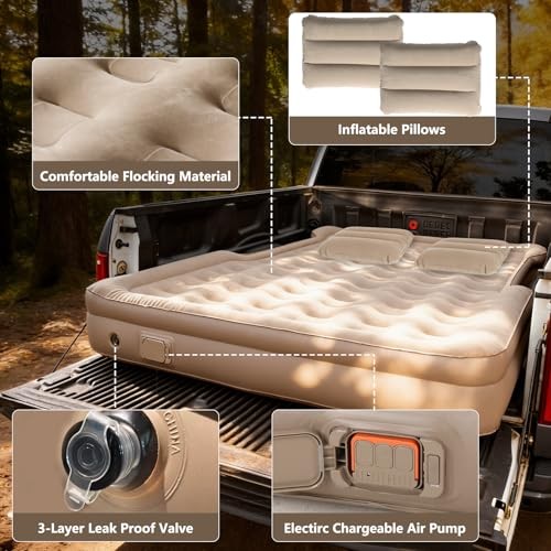 Inflatable Truck Bed Air Mattress 6-6.5 FT Full Size, Built-in Air Pump,