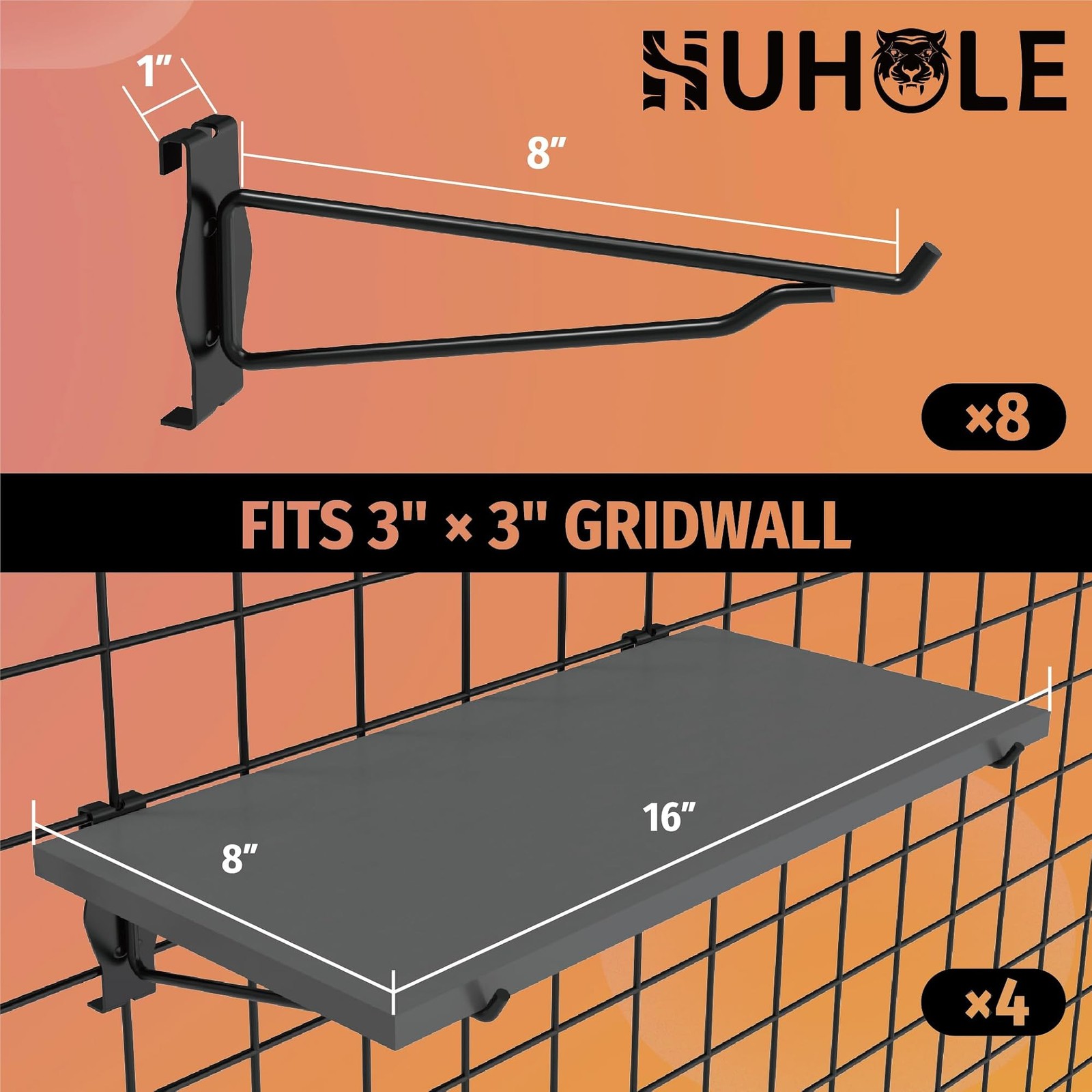 HUHOLE 4 Pack Gridwall Shelves 16 x 8 Inch Wooden Grid Wall Shelf with Metal …