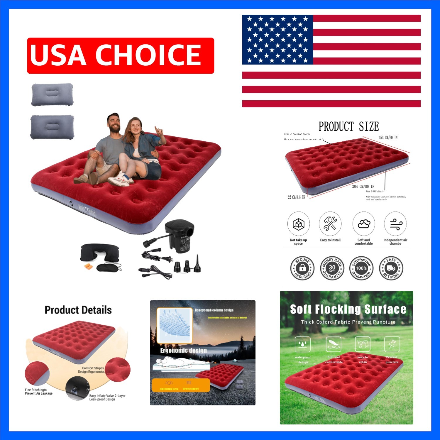 Queen Size Double Camping Air Mattress Bed with Air Pump | 80″x 60″Thickened …