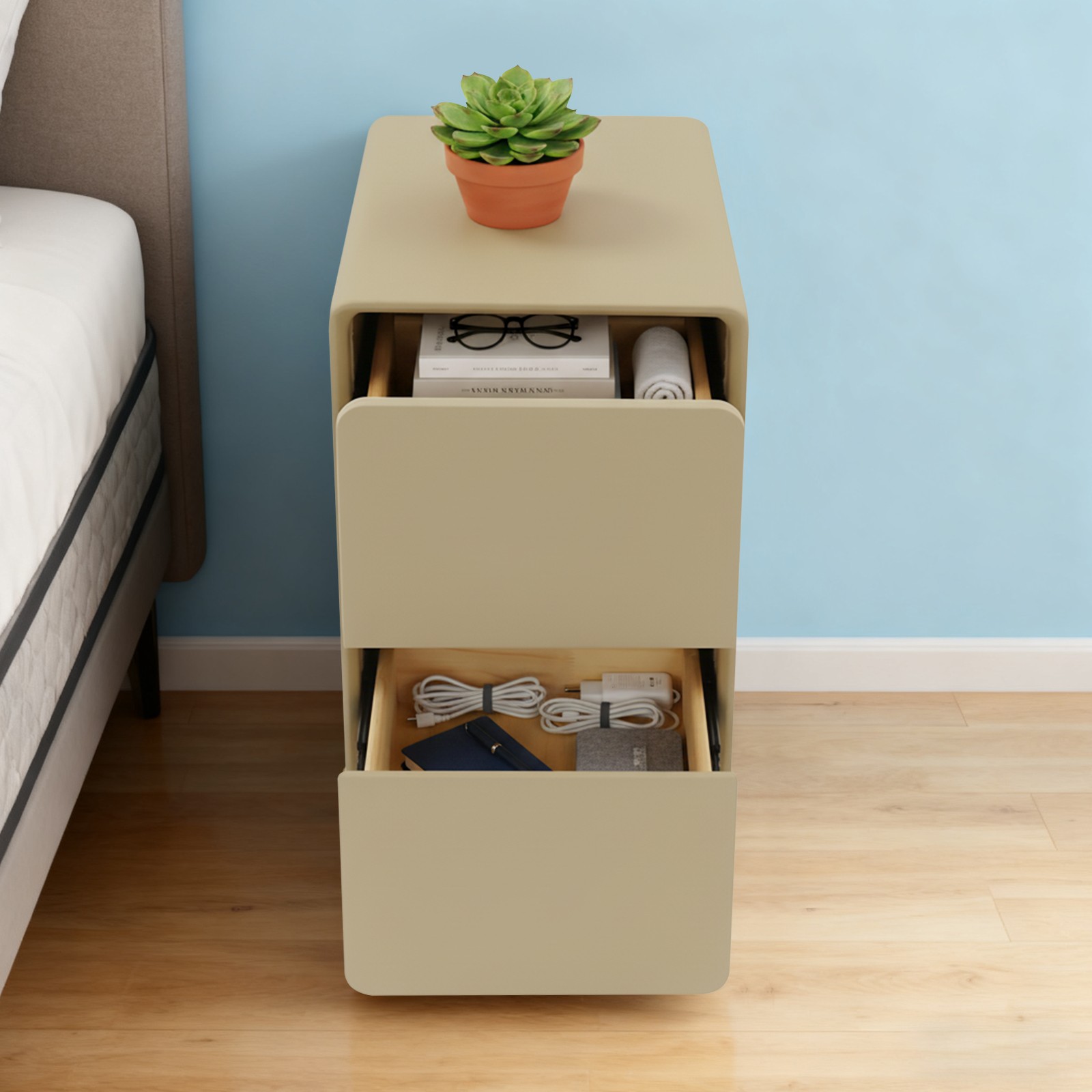 Khaki Modern Narrow Nightstand, Bedside Cabinet, Storage Cabinet for Bedroom