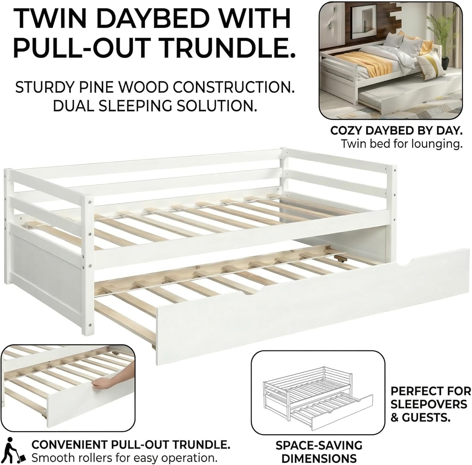 Twin Size Daybed with Trundle, Solid Wood Captains Bed Sofa Bed Frame, White