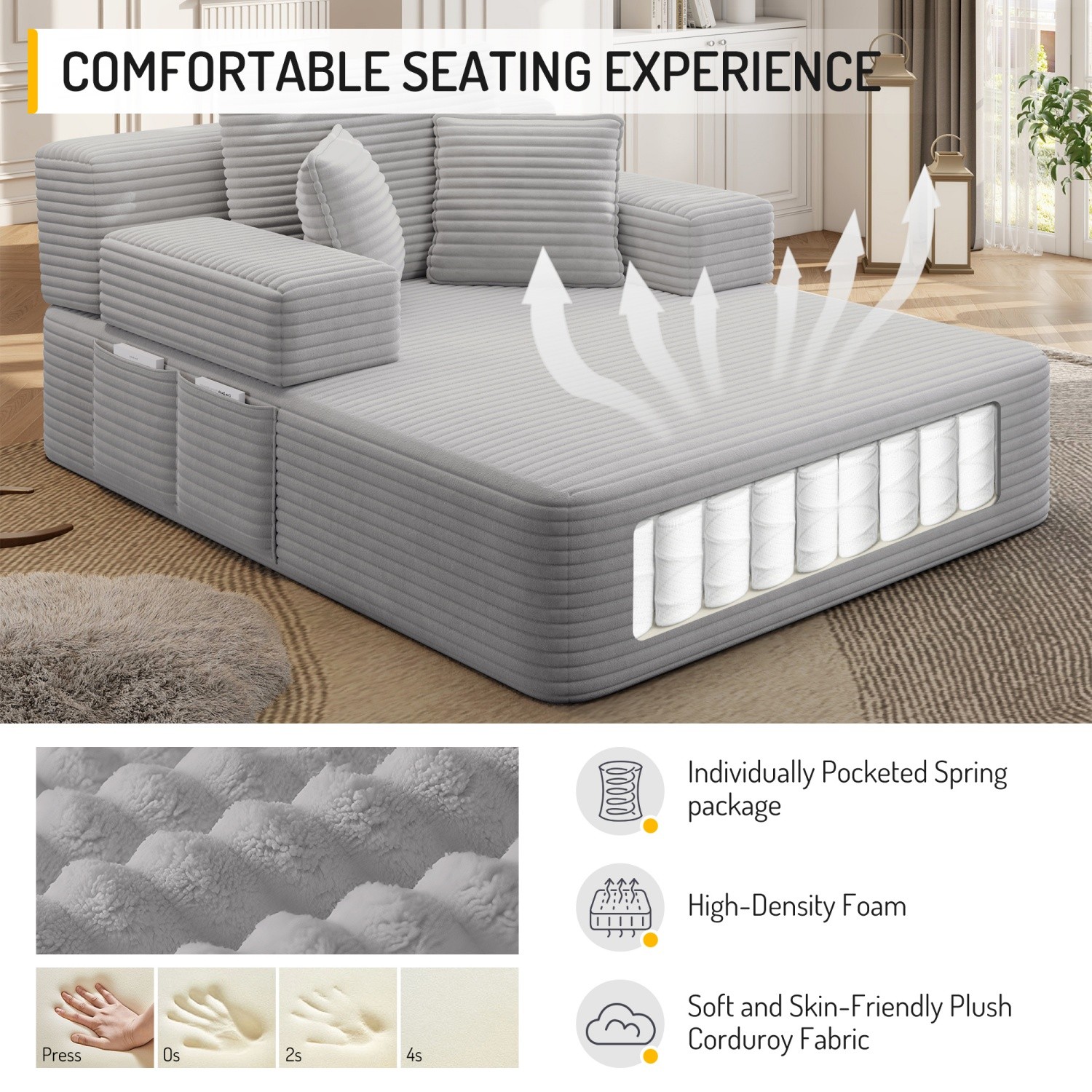 Modern Plush Corduroy Sofa Bed Chaise Lounge No Assembly Required for Apartment