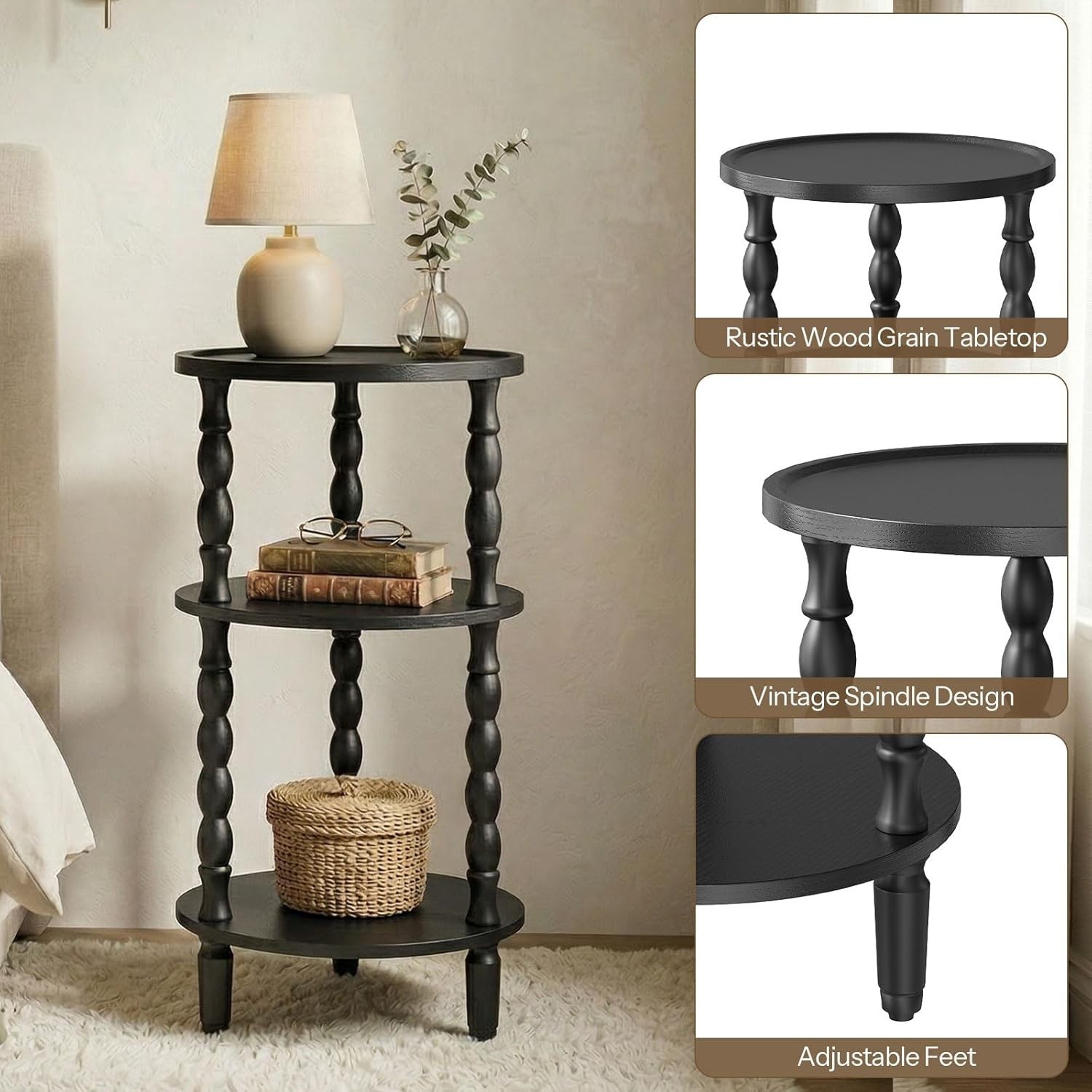 Round Side Table for Small Space, 3-Tier Small Round End Table with Rubberwoo…