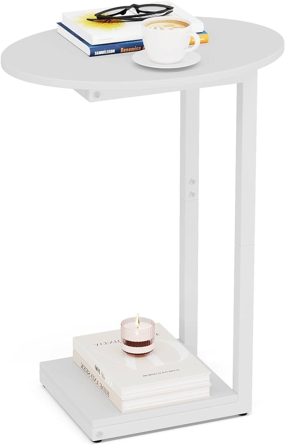 Side Table Small End Table, C-Shaped Wood Sofa Table with Metal Frame for Living