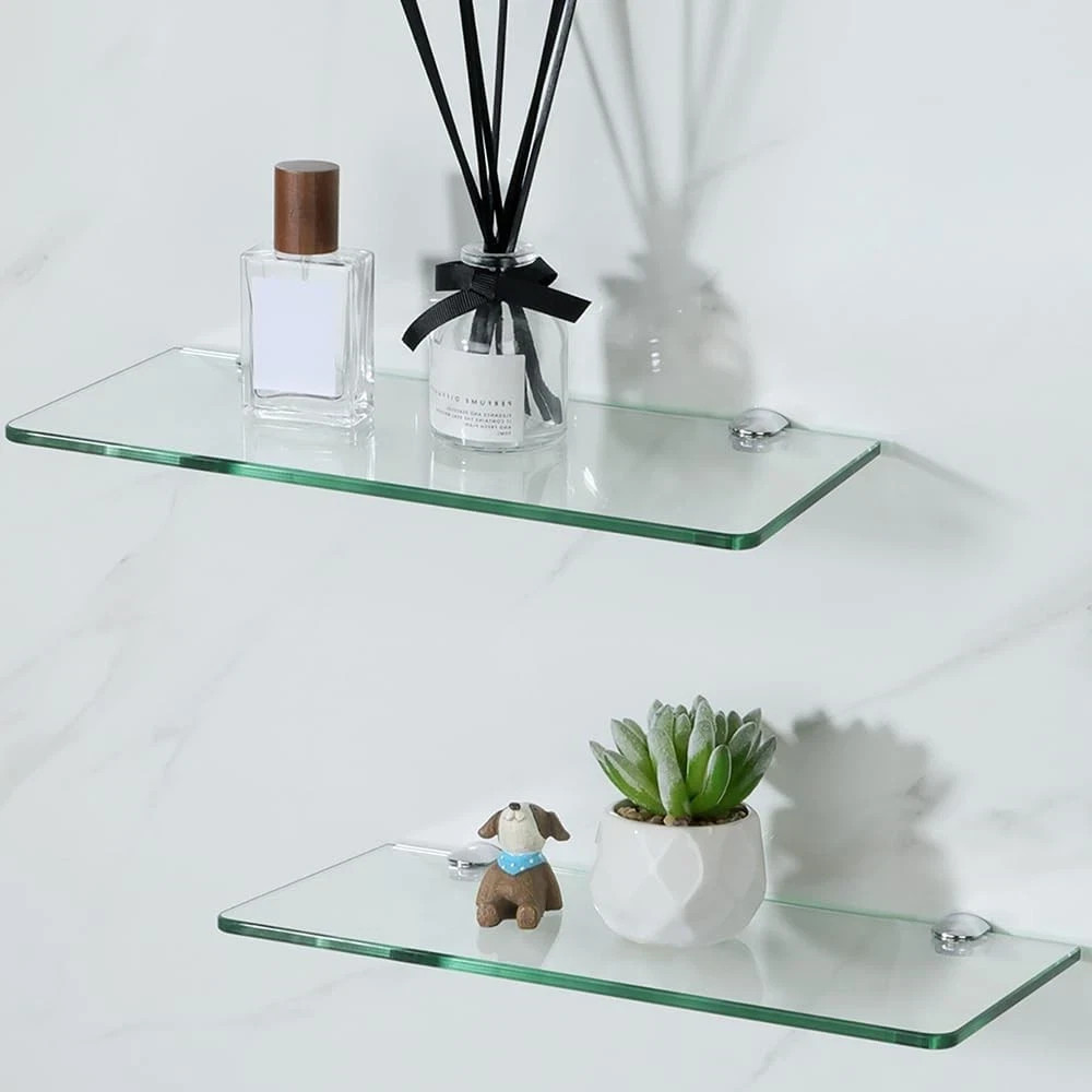 Set of 2 Glass Floating Shelves, 12 Inch Tempered Glass Wall Shelves Clear