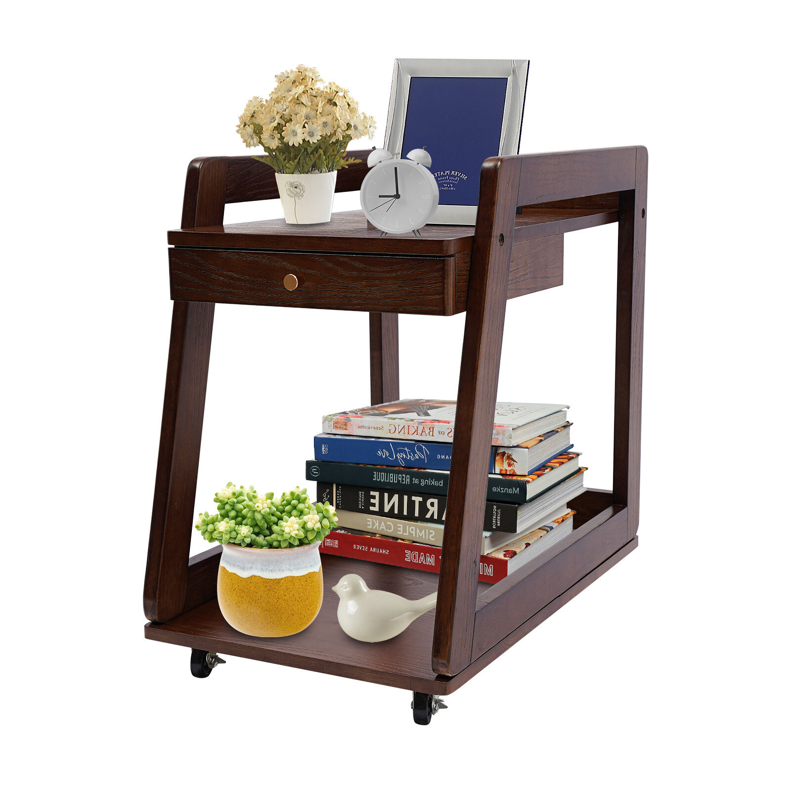 Walnut Retro Wood End Table, 2-tier Side Table, Storage Couch Table with Wheels
