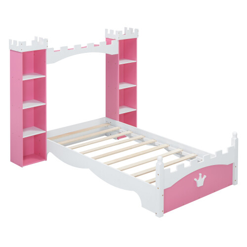 Castle-Shaped Platform Bed with Storage Shelves Both Side Wooden Bed Frames Twin