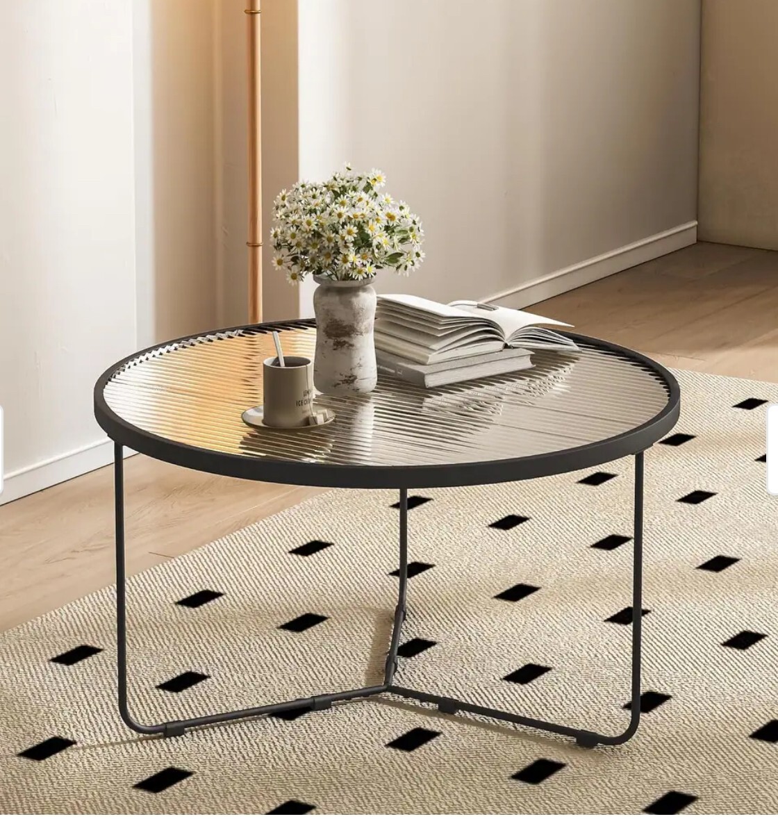35″ Round Fluted Glass Top Coffee Table Living Room Modern