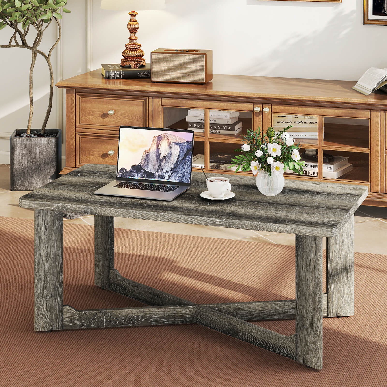 Rectangle Center Table with X-Shaped Base Farmhouse Rustic Living Room Table