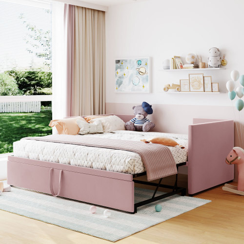 Modern Upholstered Daybed with Extendable Trundle Sofa Couch Platform Bed Frames