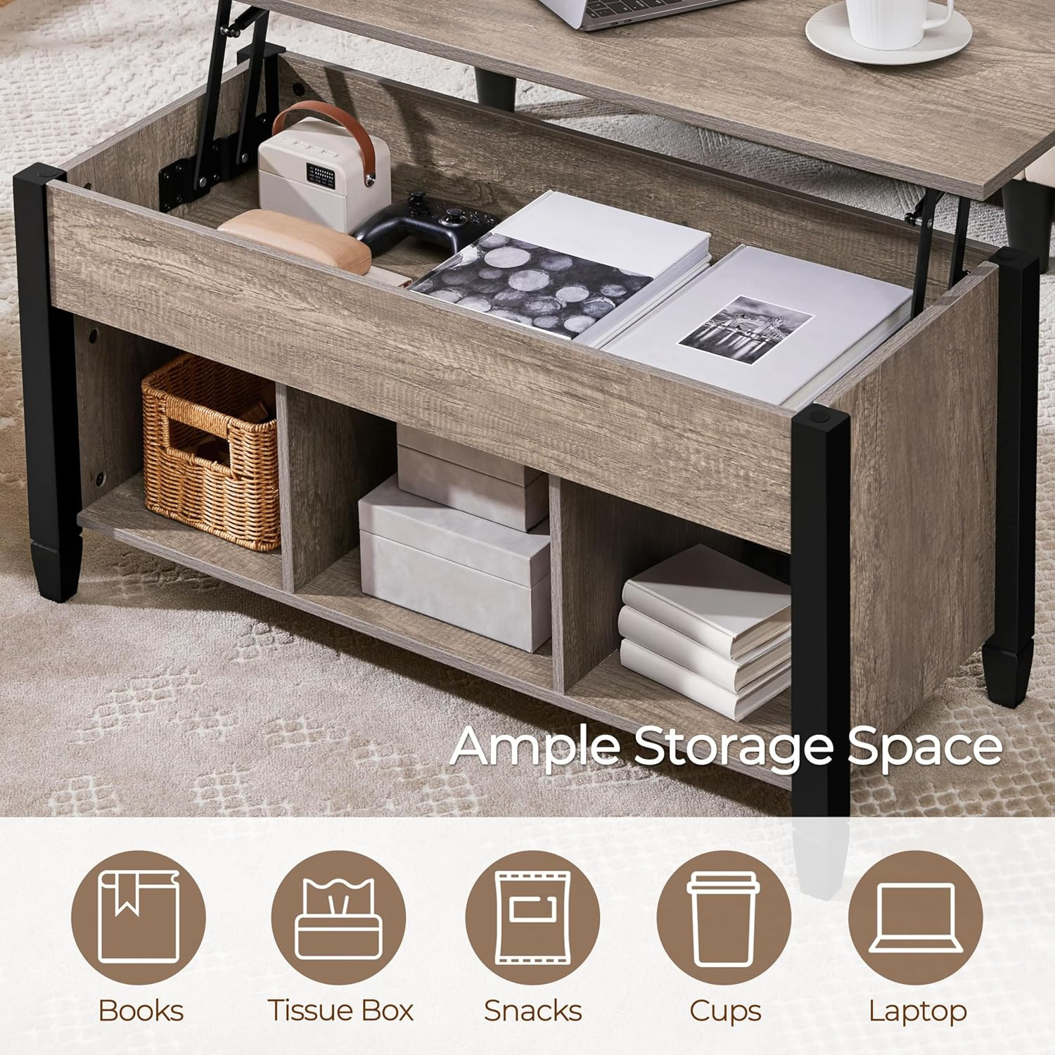 Gray Coffee Table, Lift Top Coffee Table with Hidden Compartment & Shelf, Lift u
