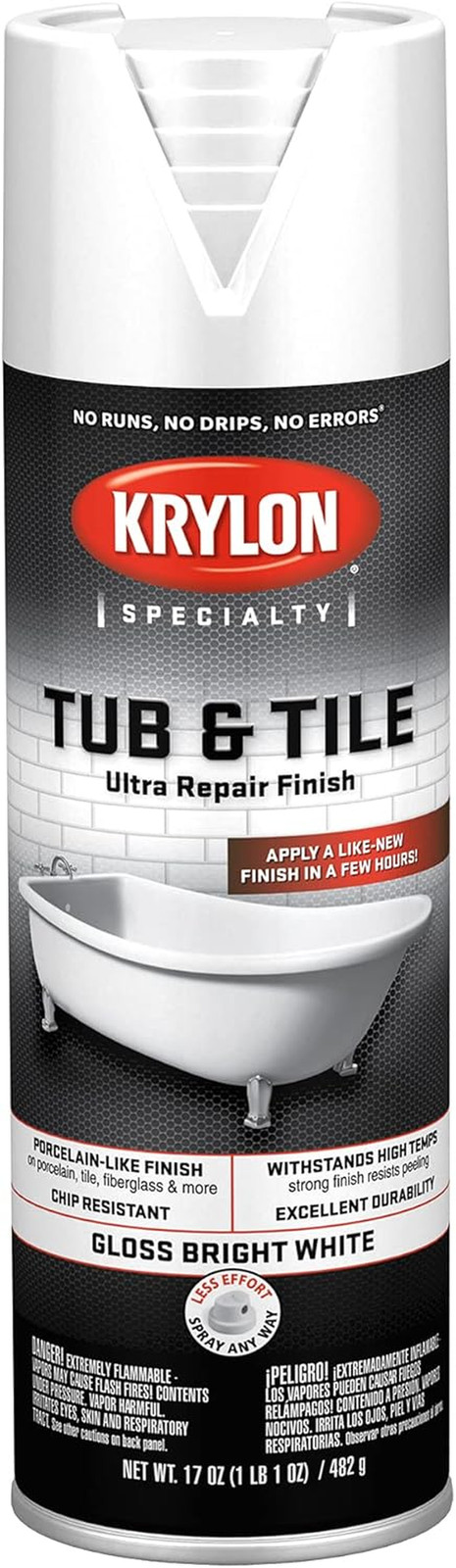 Krylon K04502007 Tub & Tile Ultra Repair Finish Spray Paint, Aerosol, Bright Whi