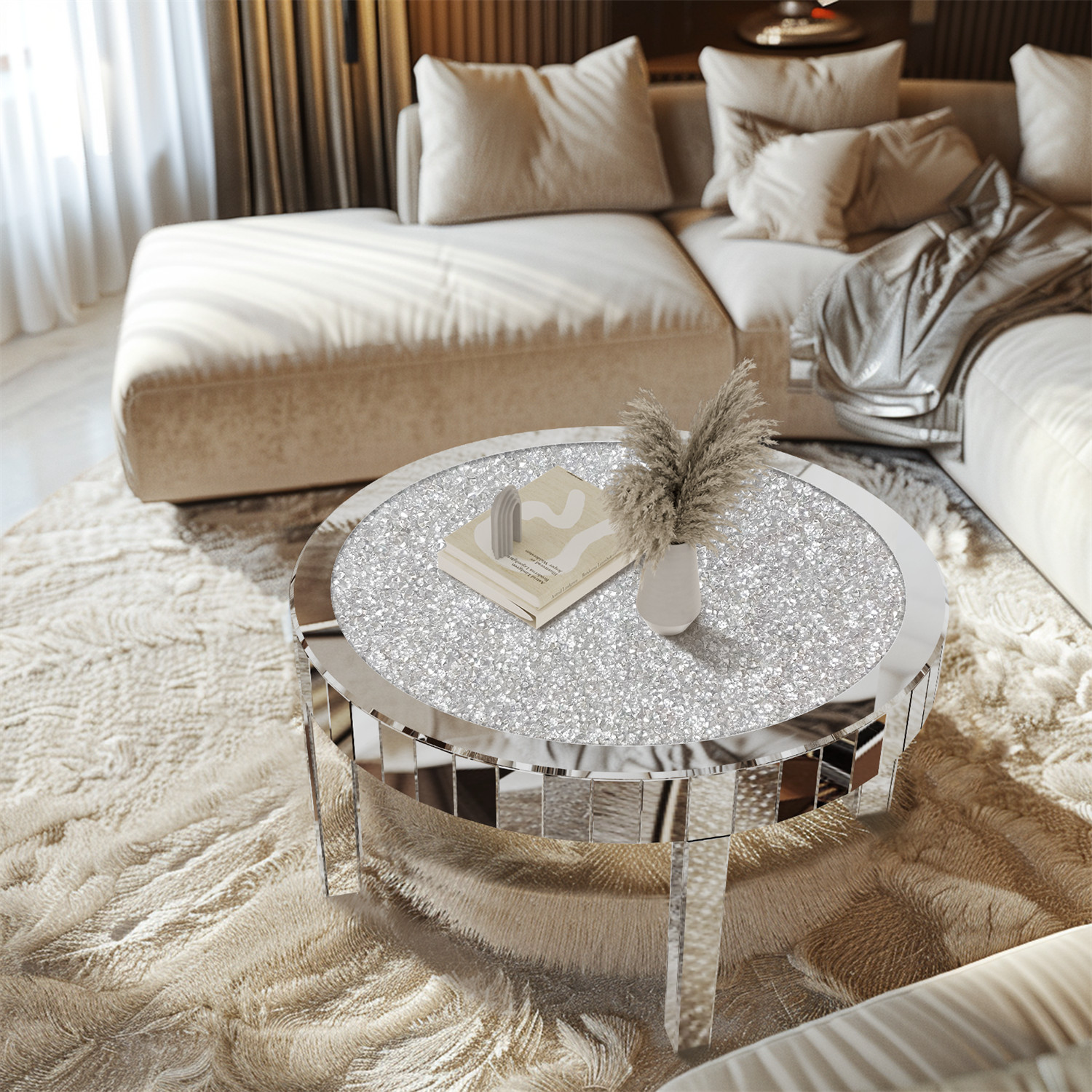 Shiny Silver Mirrored Coffee Table Mirror Crystal Inlay Round End Cocktail Table