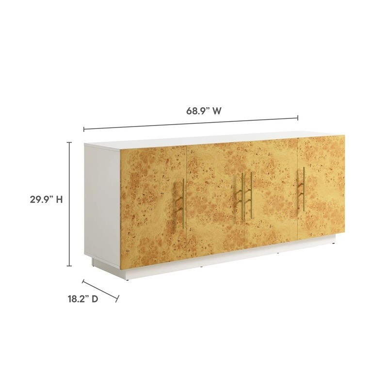 69″ Burl Wood Sideboard Buffet TV Stand in White Bleached Modern