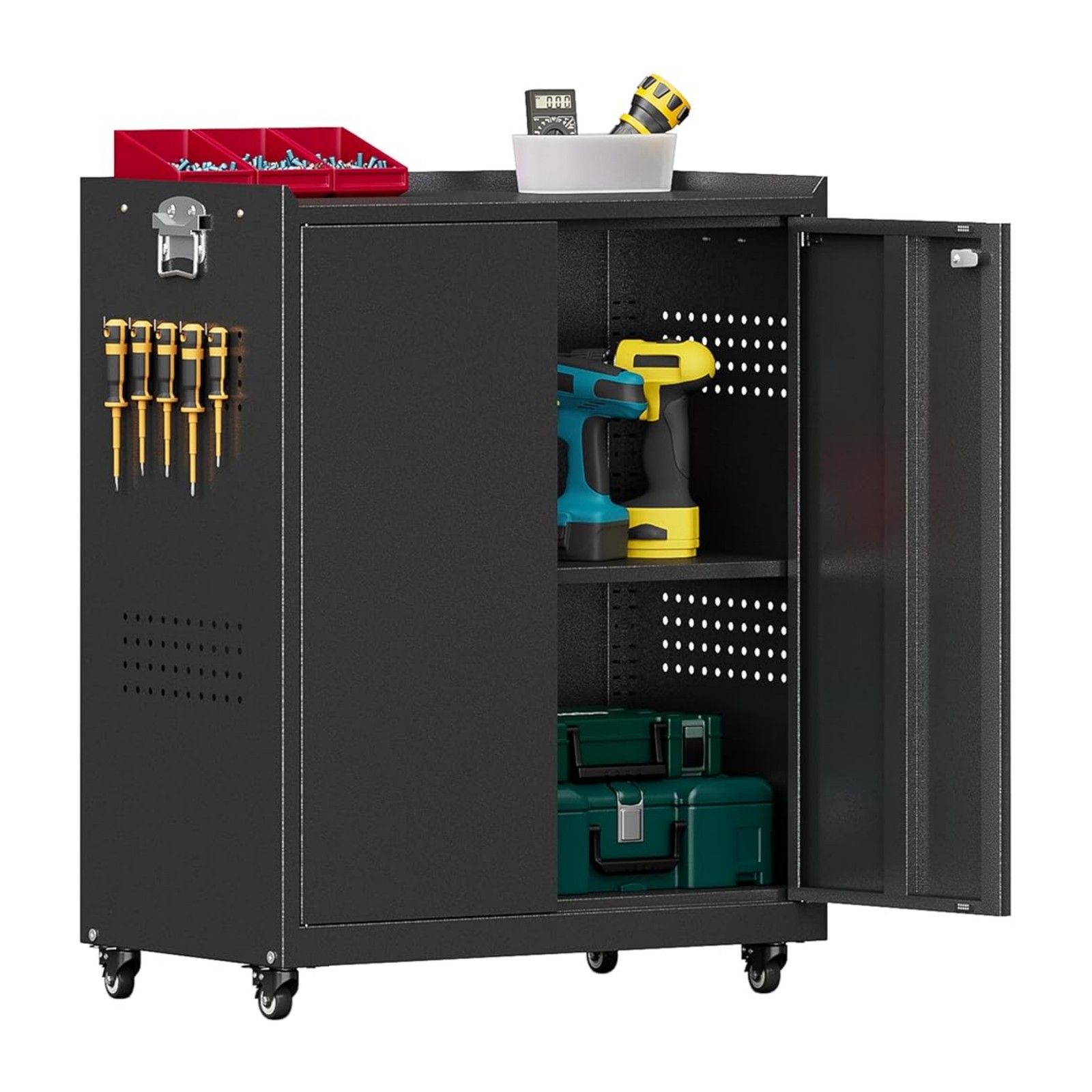 Metal Storage Cabinet with Locking Doors and 2 Adjustable Shelves Garage Cabinet