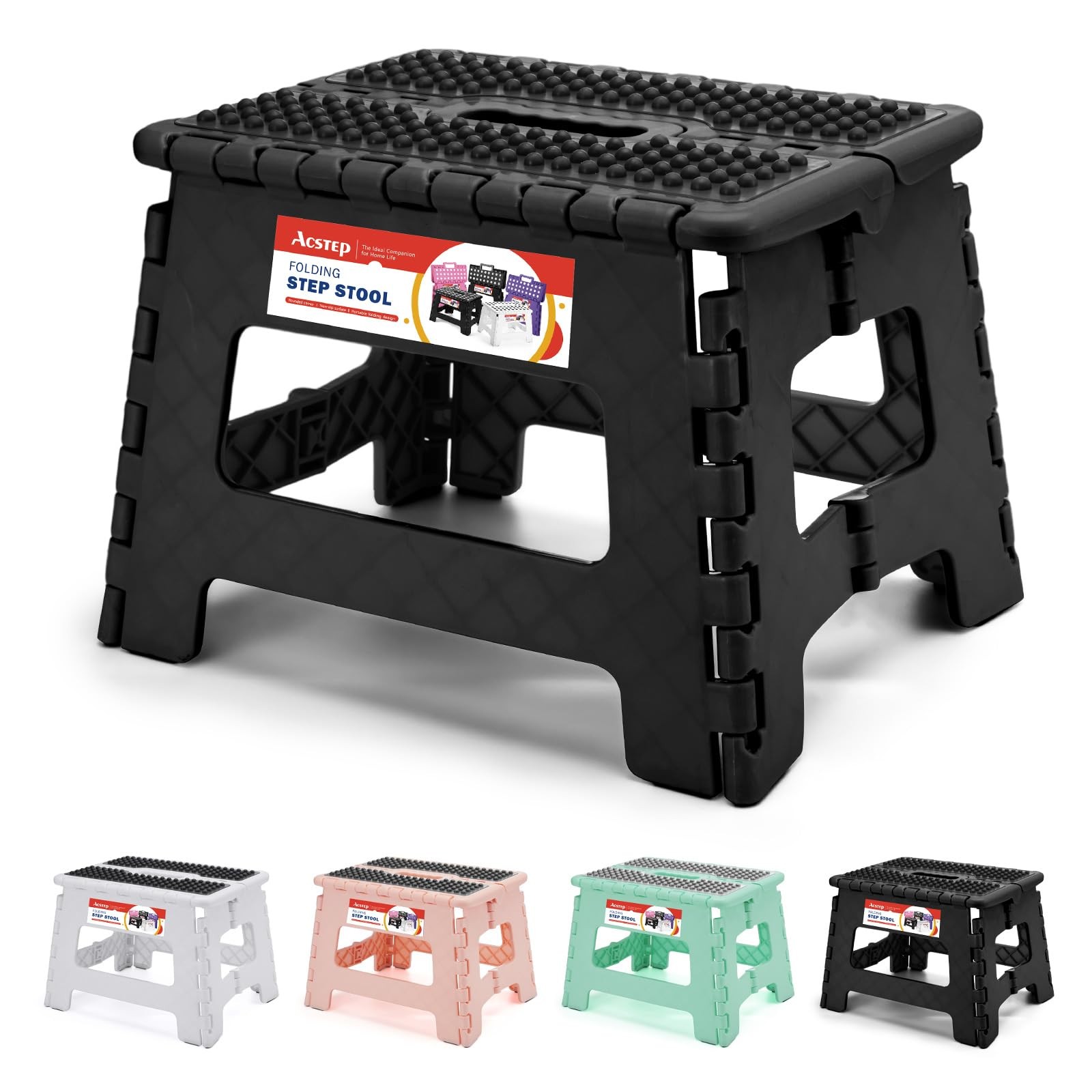 9 Inch Folding Step Stool 300 LB Capacity Non Slip Foot Handle Black 1 PCS