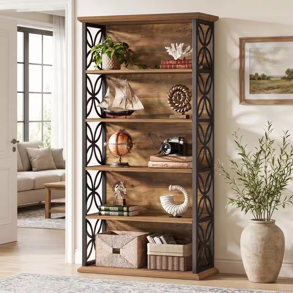 70.87 In. Tall Brown Wood 6-Shelf Standard Bookcase with Metal Frame