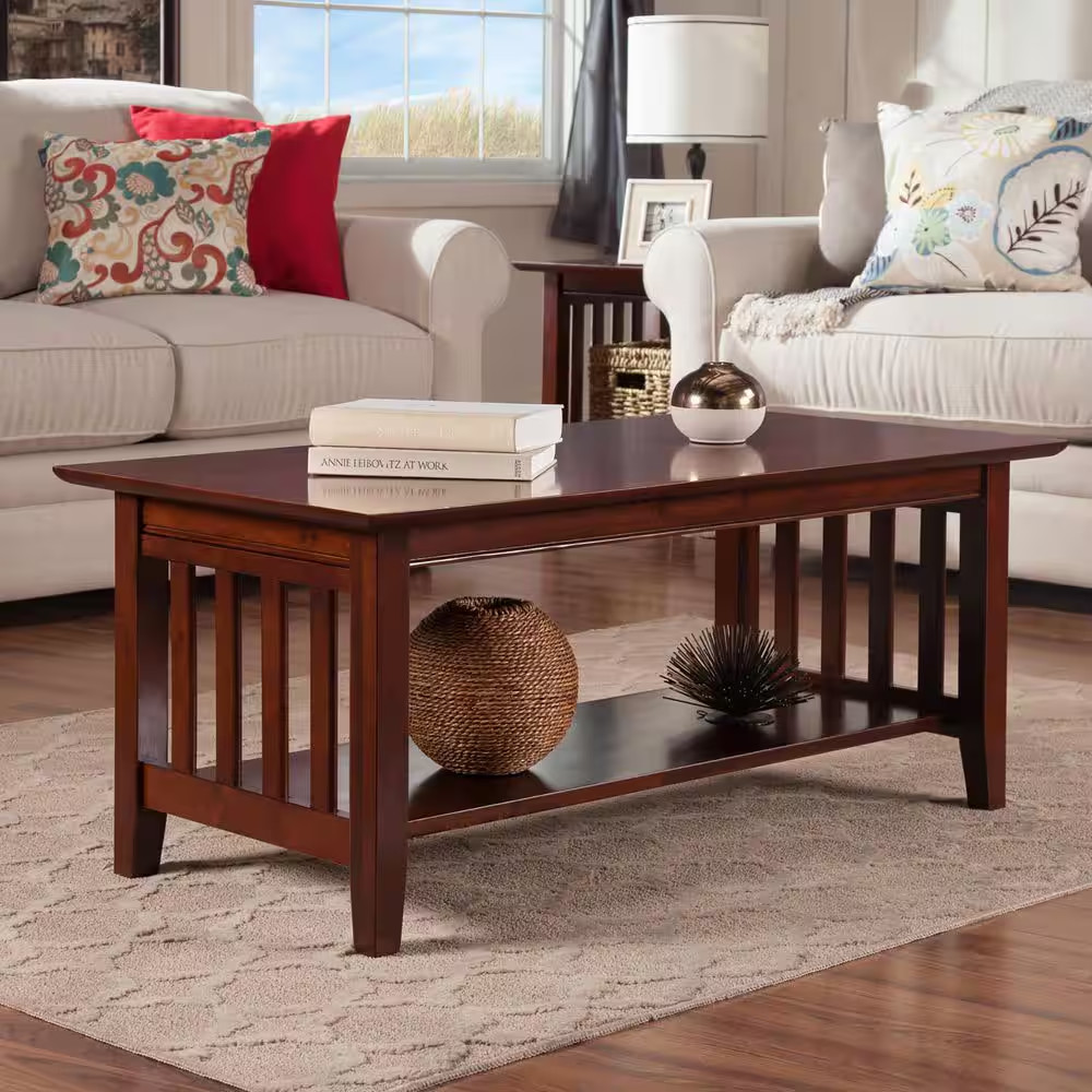 Mission 44 In. Walnut Rectangle Wood Top Coffee Table with Shelf