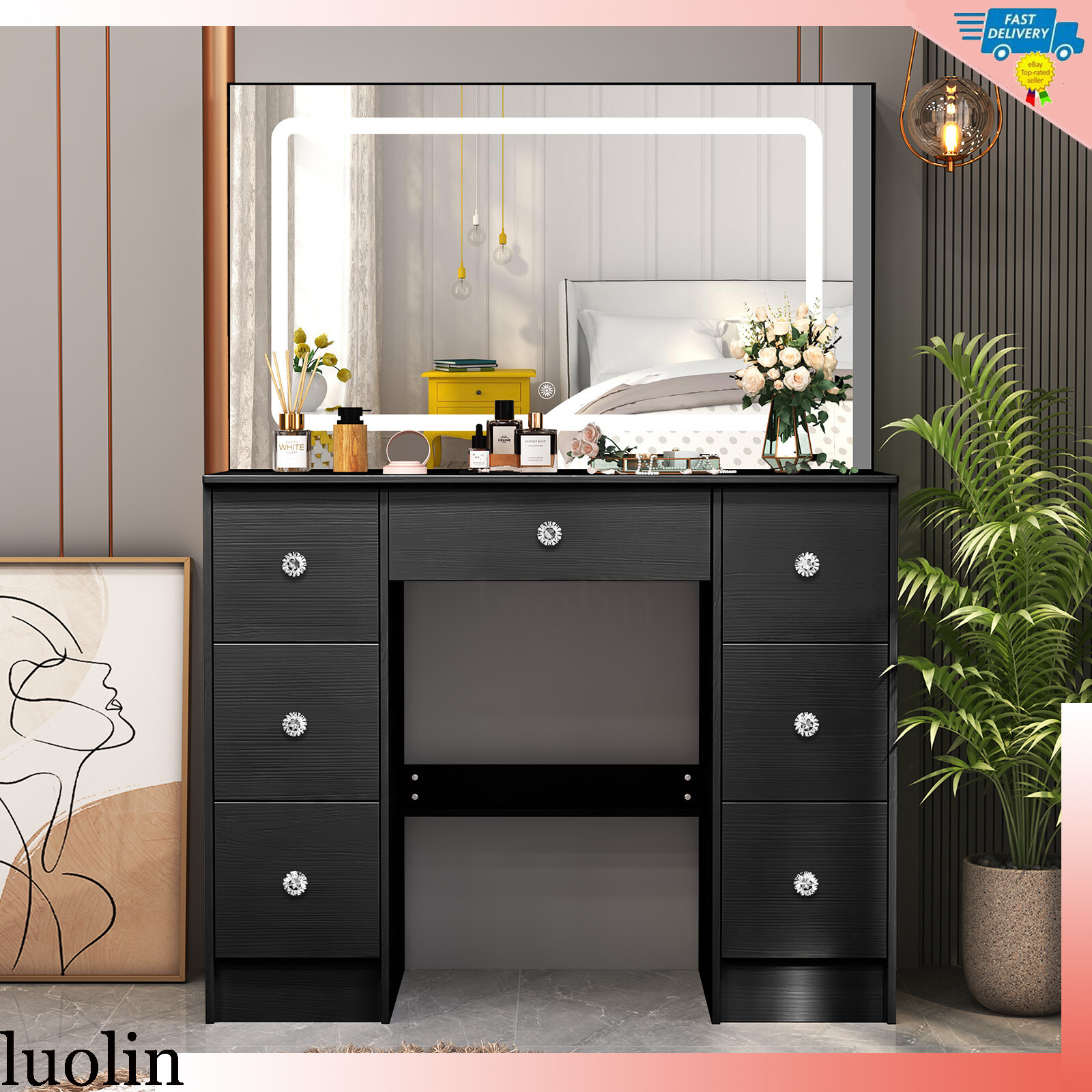 Vanity Table Set Makeup Bedroom Dressing with Lighted LED Large Mirror 7 Drawers