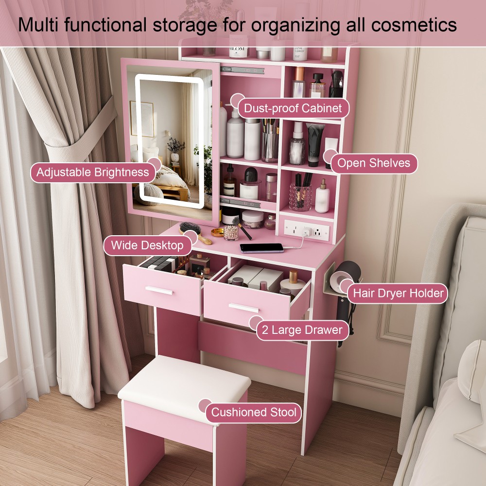 Space-Saving Vanity Table LED Mirror Built-in Power Outlet with Cushioned Stool