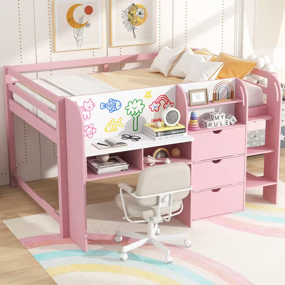 Lu Pink Full Size Low Loft Bed with Built-In Desk, Storage Cabinets, Ladder, Boo