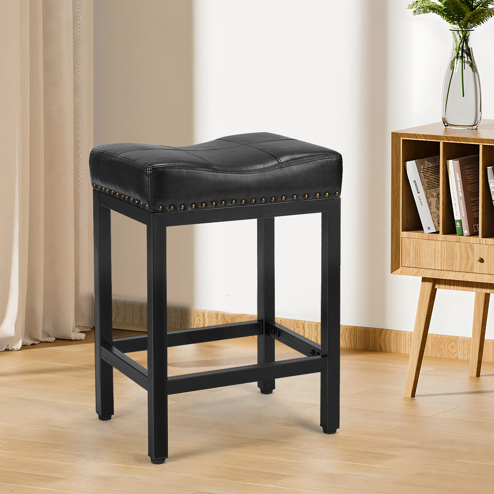 Set of 2 Counter Height 24″ Kitchen Saddle Bar Stools w/ Metal Base and Footrest