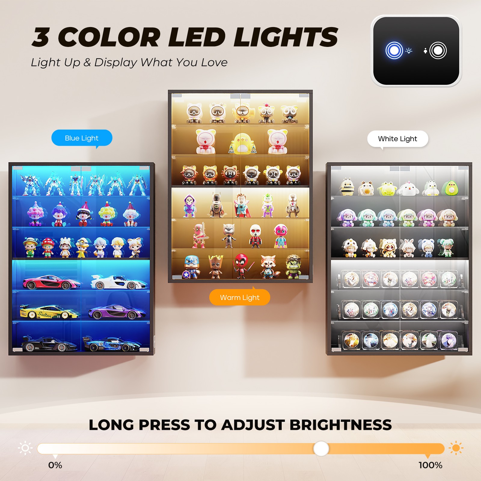 3-Color LED Lighted Display Cabinet, 6-Tier Wall-Mounted Showcase For Colletible